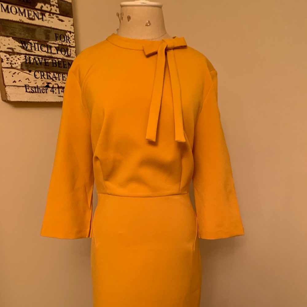 Lovely golden color work dress with tie.